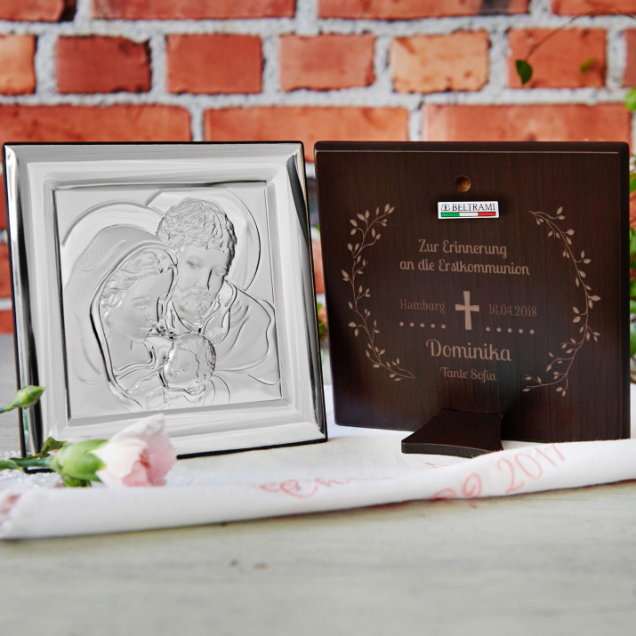 Kommunion Kreuz - Heilige Familie - Quadrat - Silbernes Bild mit Gravur